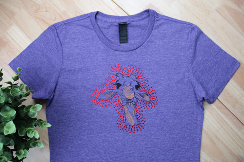 Embroidered Giraffe T-Shirt with Rhinestones – Lavender Cotton for Women